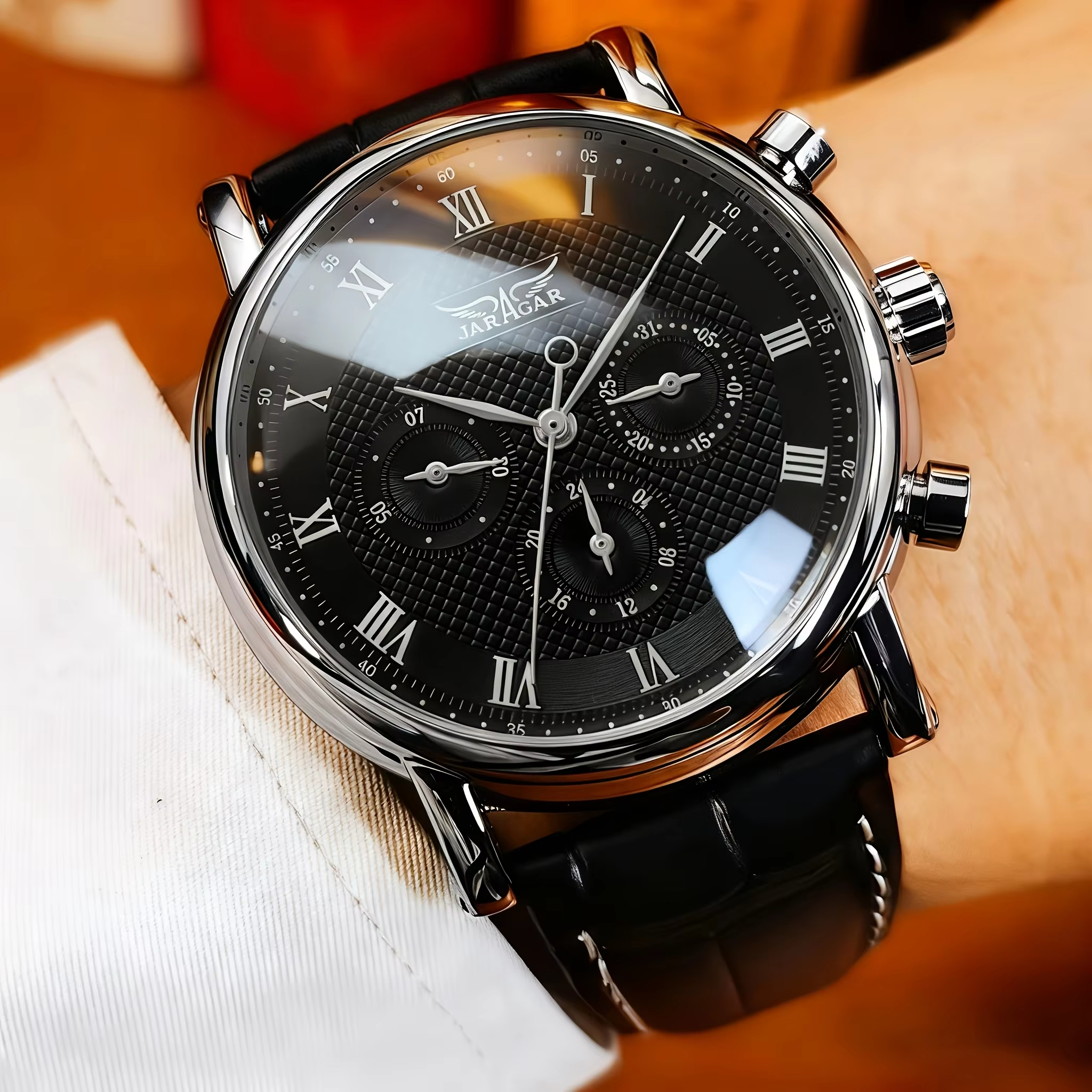 JARAGAR Men's Automatic Mechanical Watch Six Pin Roman Digital Dial Leather Strap Calendar Fashion Business Watch Reloj + Box