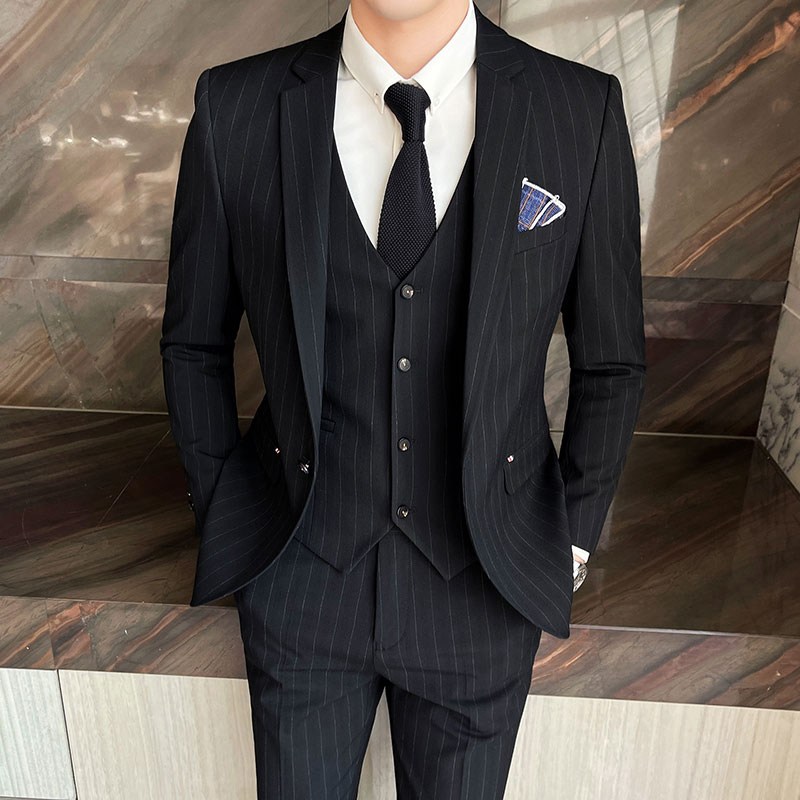 Winter Stripes Three-piece High-Grade Groom Wedding Suit with Vest And Trousers Business Fashion Handsome Casual Wedding Outfit