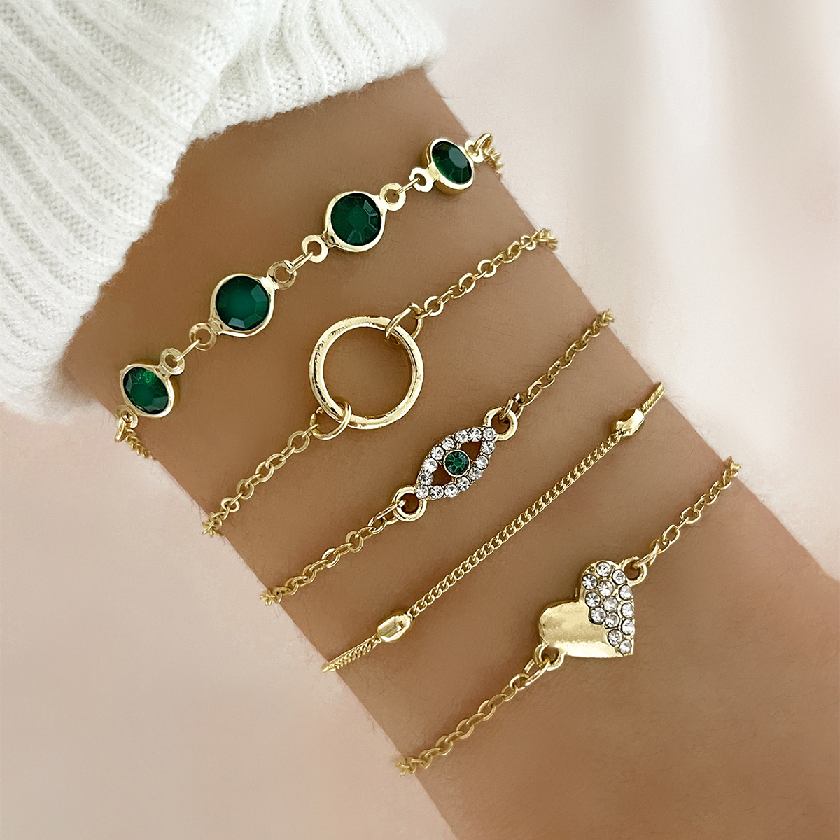 5Pcs/Set Halloween Heart Green Crystal Stone Bracelet Set for Women Gold Color Lovely Devil's Eye Rhinestone Girls Jewelry