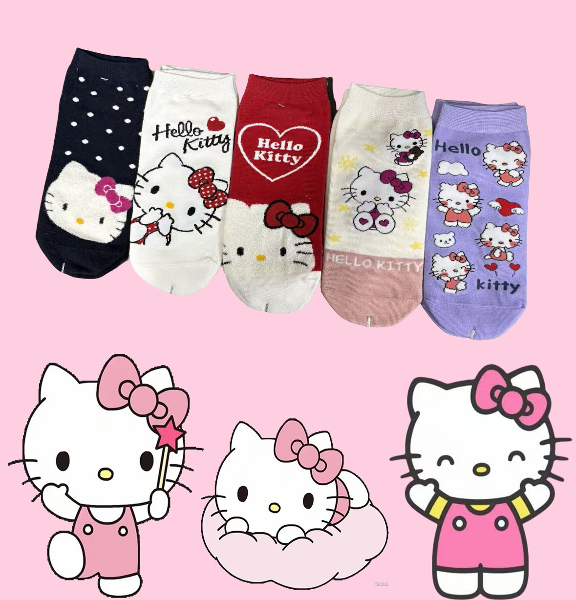 European sizes 33-38,1/5 Pairs of Sanrio Hello Kitty Cartoon Anime Cute Ankle Socks for Women/Children
