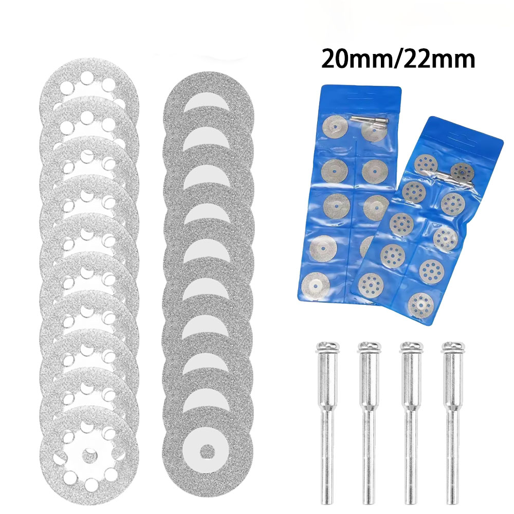 10pcs 20mm/22mm Mini Diamond Cutting Disc Wheel With 2pcs 3mm Mandrels For Rotary Tool Cutting Disc DIY Tool Accessories