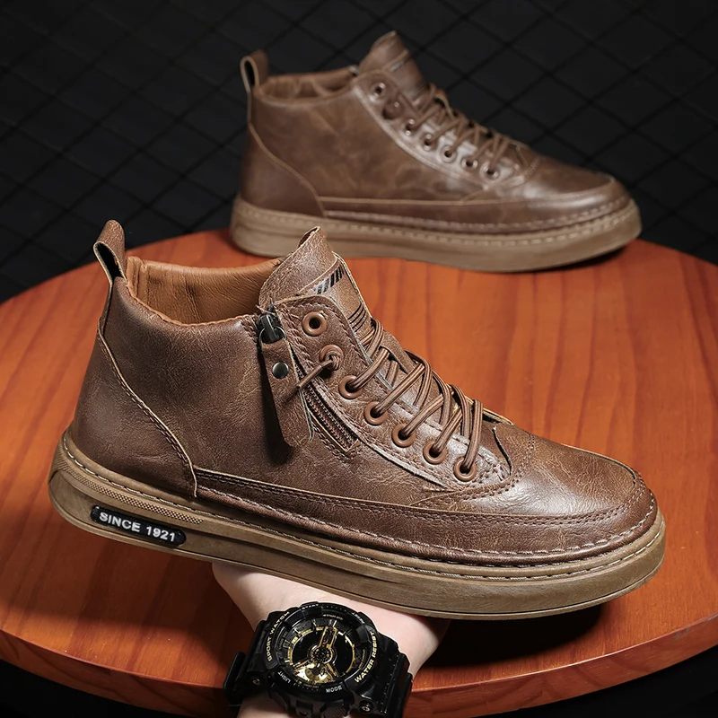 High Top Leather Shoes Casual Ankle Boots Male Sneakers New Men Boots Fashion Cotton Shoes Fashion Business Outdoor Shoes