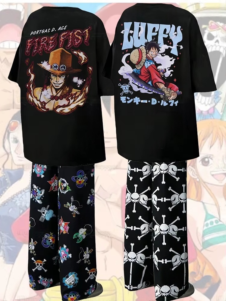 2026 New Anime One Piece Summer Tshirts With Pajamas Pants Oversized Suits For /kids Men Women Clothes Homewear Sets