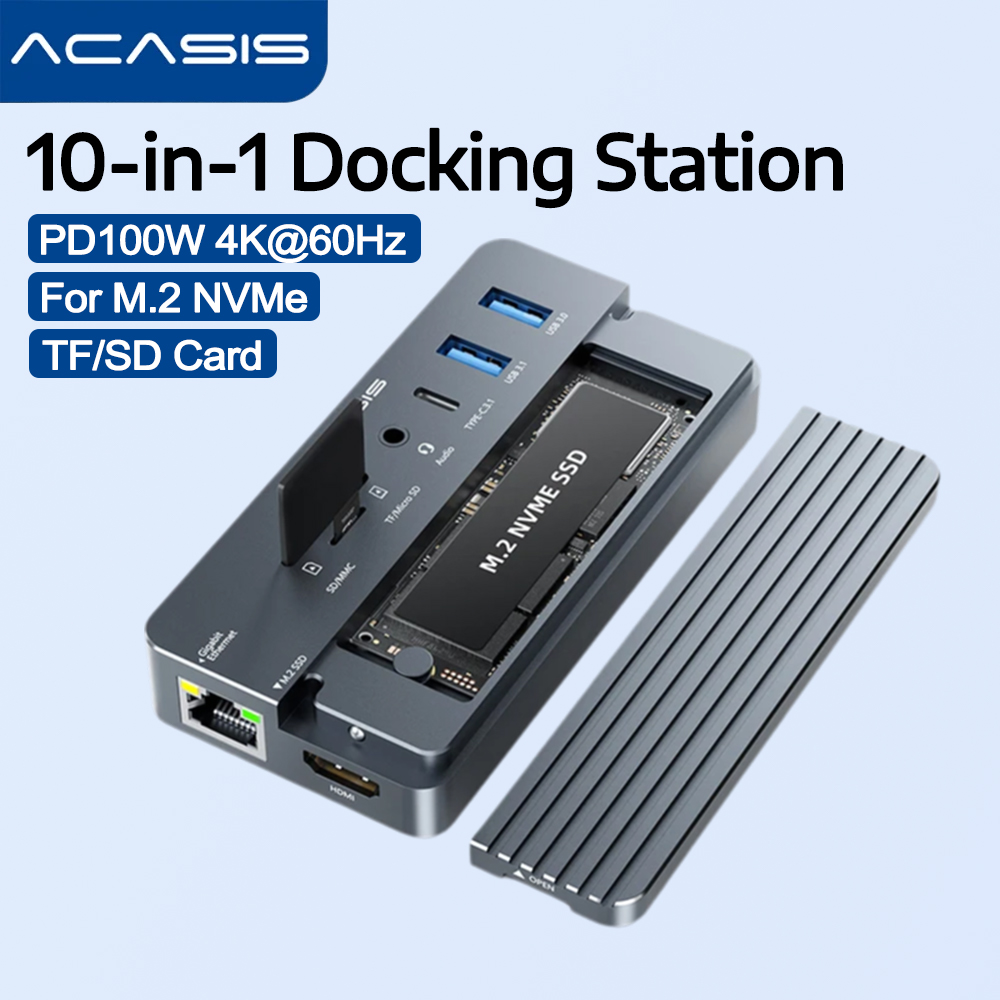 Acasis M.2 NVMe SSD Enclosure 10-in-1 Docking Station with HDMI 4K60Hz 100W PD RJ45 USB-A Ports for MacBook Pro/Air Windows PC