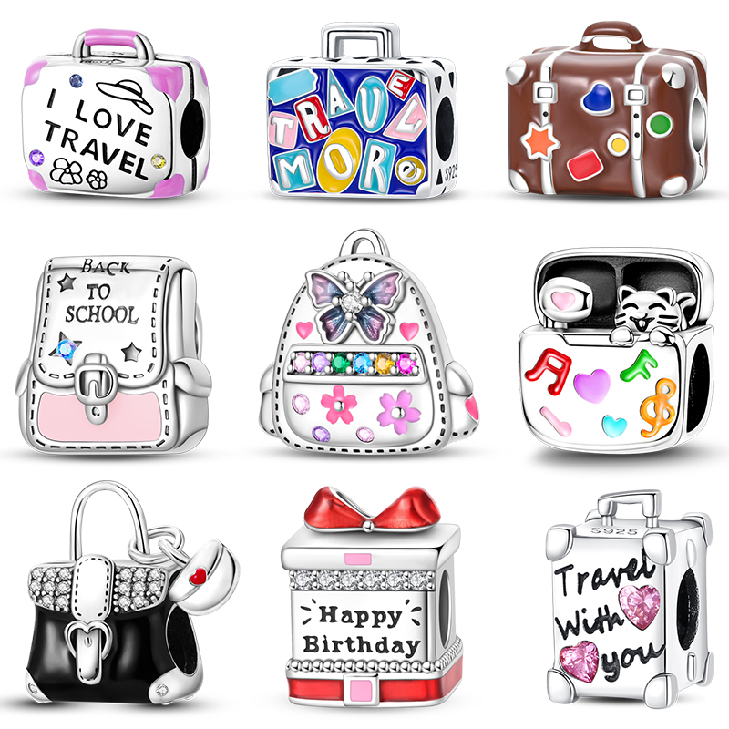 100% 925 Sterling Silver Colorful Suitcase Bag Travel Handbag Charms Beads Fit Original Bracelets Fine DIY Anniversary Jewelry