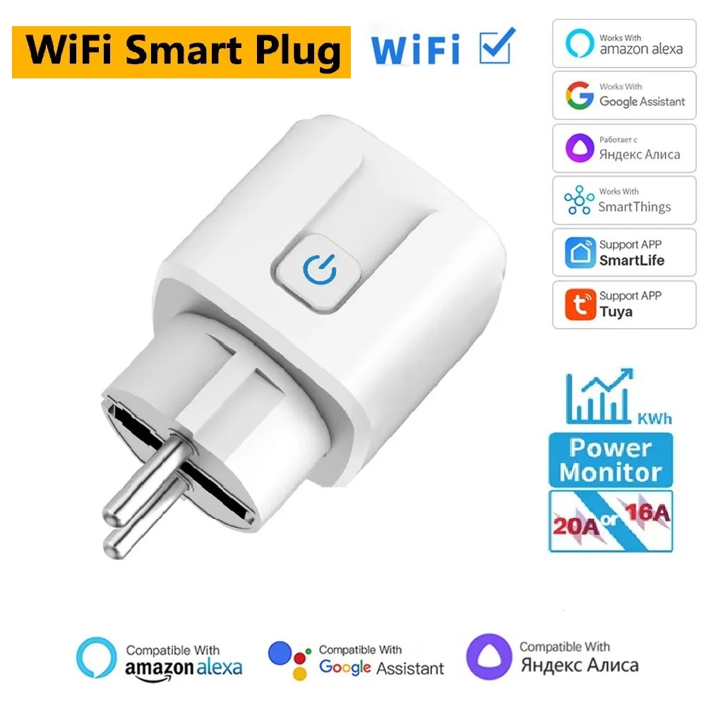 Smart Plug WiFi Socket EU 16A/20A With Power Monitor Timing Tuya Smart Life APP Voice Control Works With Alexa Home