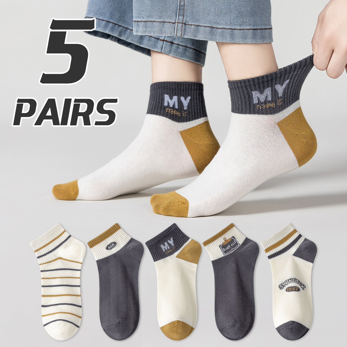 5 Pairs of Men's Cotton Spring and Autumn Letter Striped Fashionable and Versatile Summer Comfortable Breathable Short Socks