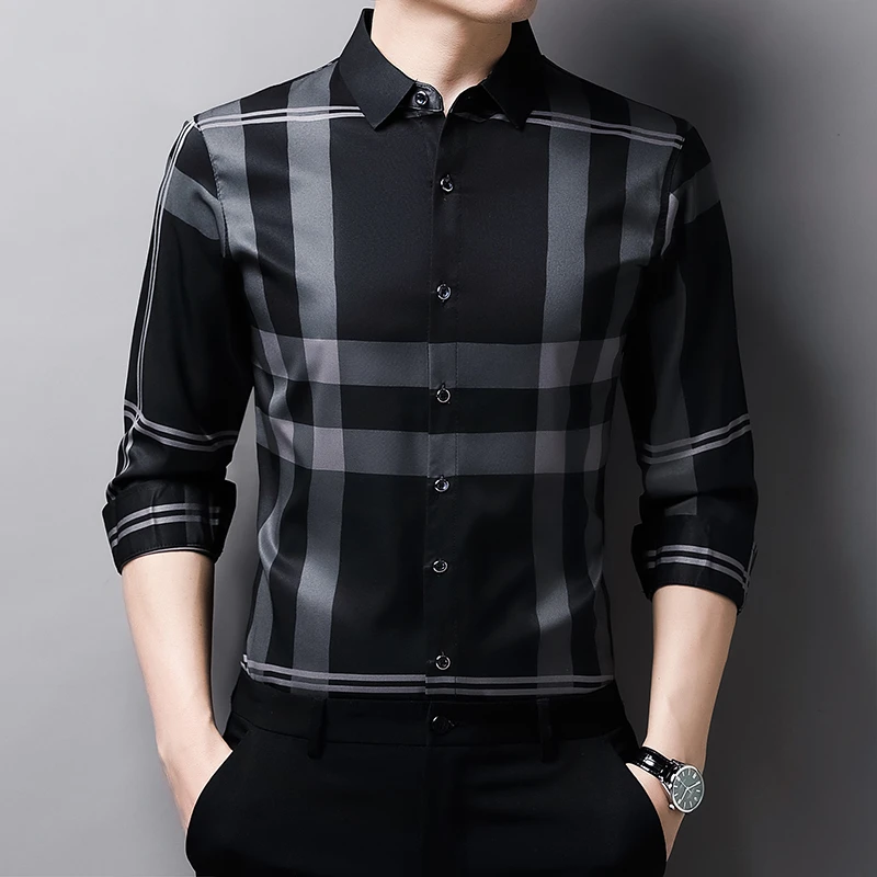 New Men's Casual Printed Long Sleeved Lapel Shirt for Spring and Autumn Fashion Comfortable Wrinkle Free Top Without Ironing