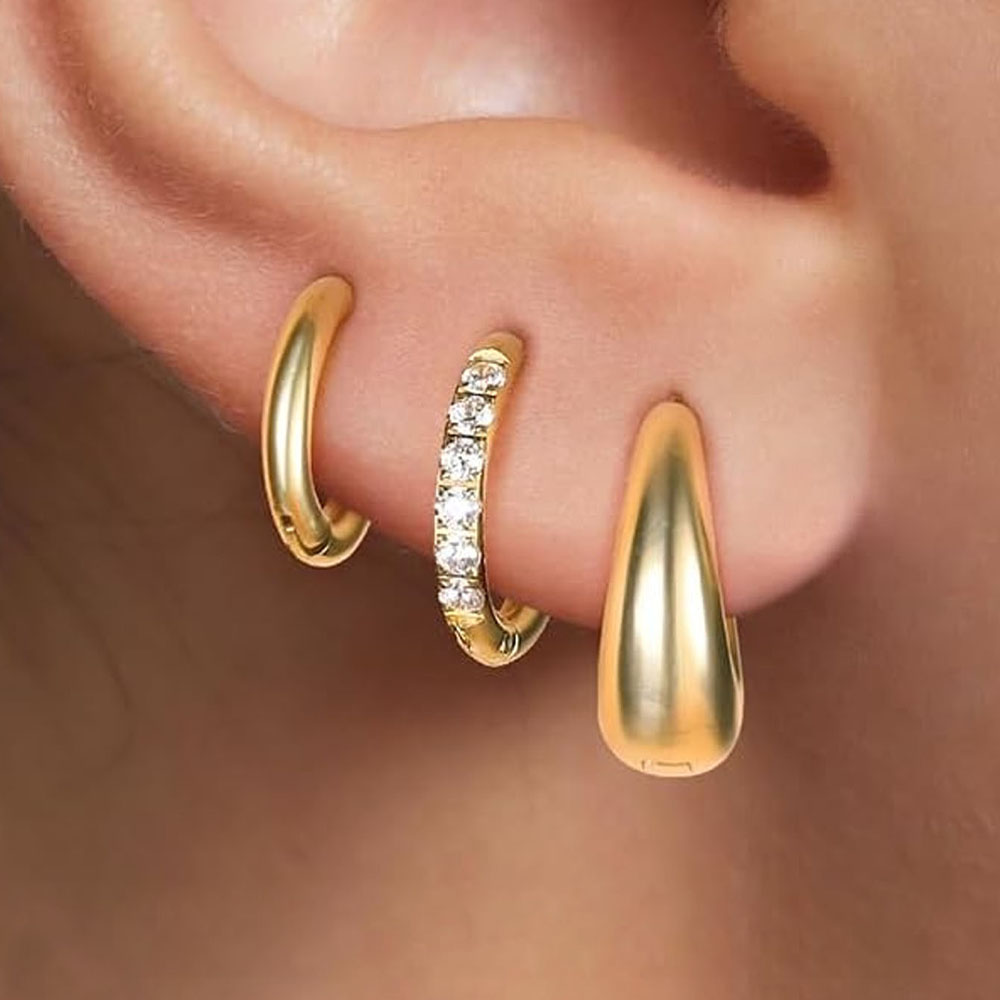 3Pairs/Pcs Set Fashion Stainless Steel Zirconia Oval Huggie Hoop Earrings for Women, 18K Gold Plated Hoop Earring Punk Jewelry