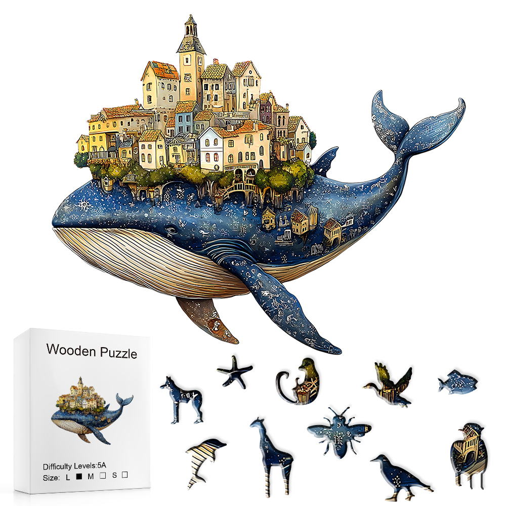 Artisan Whale Castle Wooden Puzzle - Handcrafted Animal Village, Intermediate Challenge & Marine Wall Art - Portable Family Game