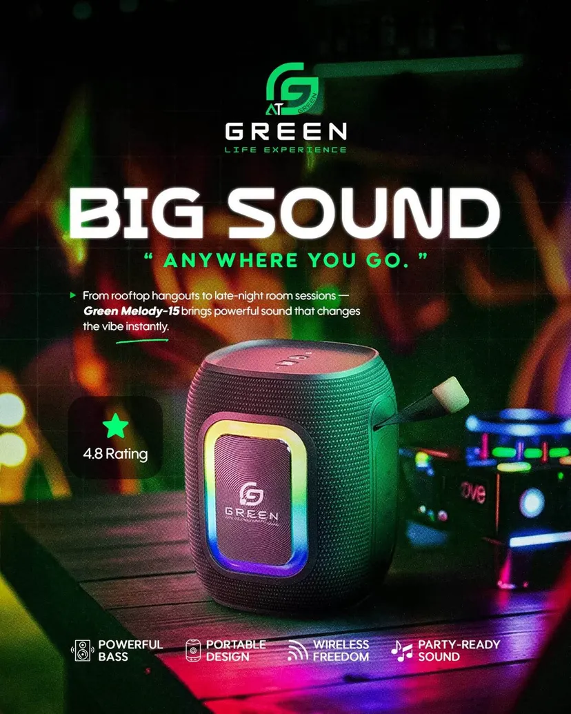 Green Melody 15 Portable Bluetooth Speaker | Heavy Bass Hi-Fi Audio | RGB LED Light | Wireless Music Speaker