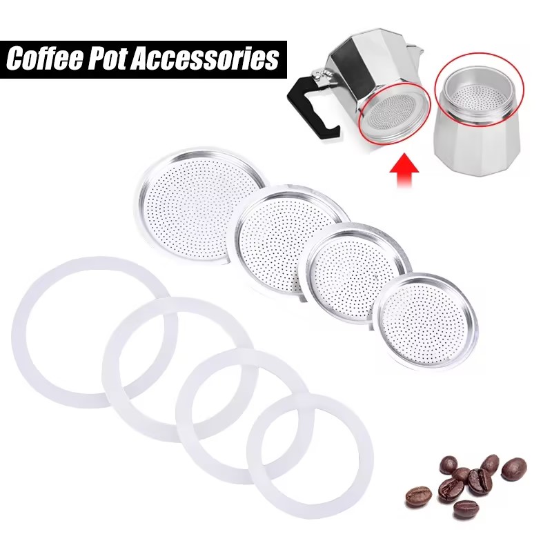 1 Set, 3pcs Silicone Gaskets and 1pc Aluminum Filter Moka Pot Coffee Bottle Replacement Compatible with 3/6/9/12 Cup Moka Expres