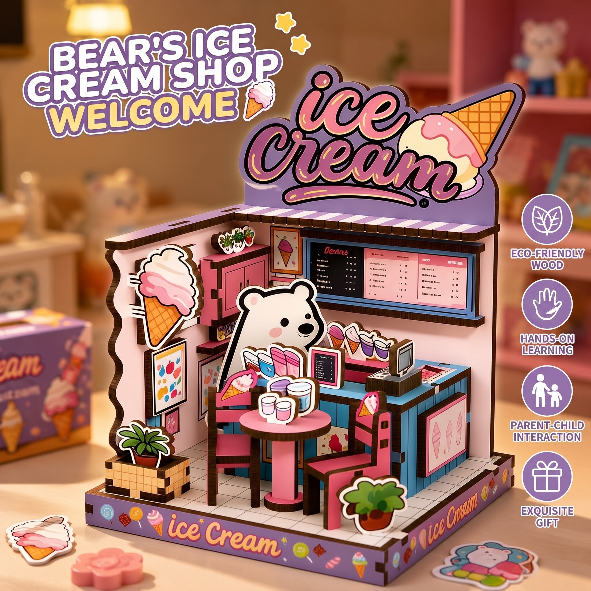 Wooden Assembly Model 3D DIY Kit Puzzle Toys Miniature Dollhouse Kitten Rabbit Panda Polar Bear Doll Stress Relief Building Sets