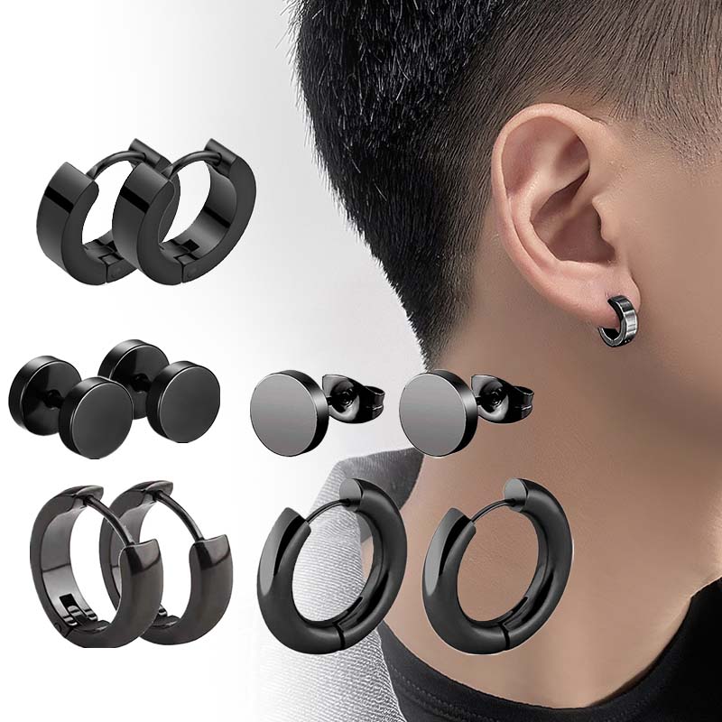 5 Pair Fashion Stainless Steel Black Earrings Set Multiple Styles for Women And Men Hip Hop Piercing Ear Jewelry