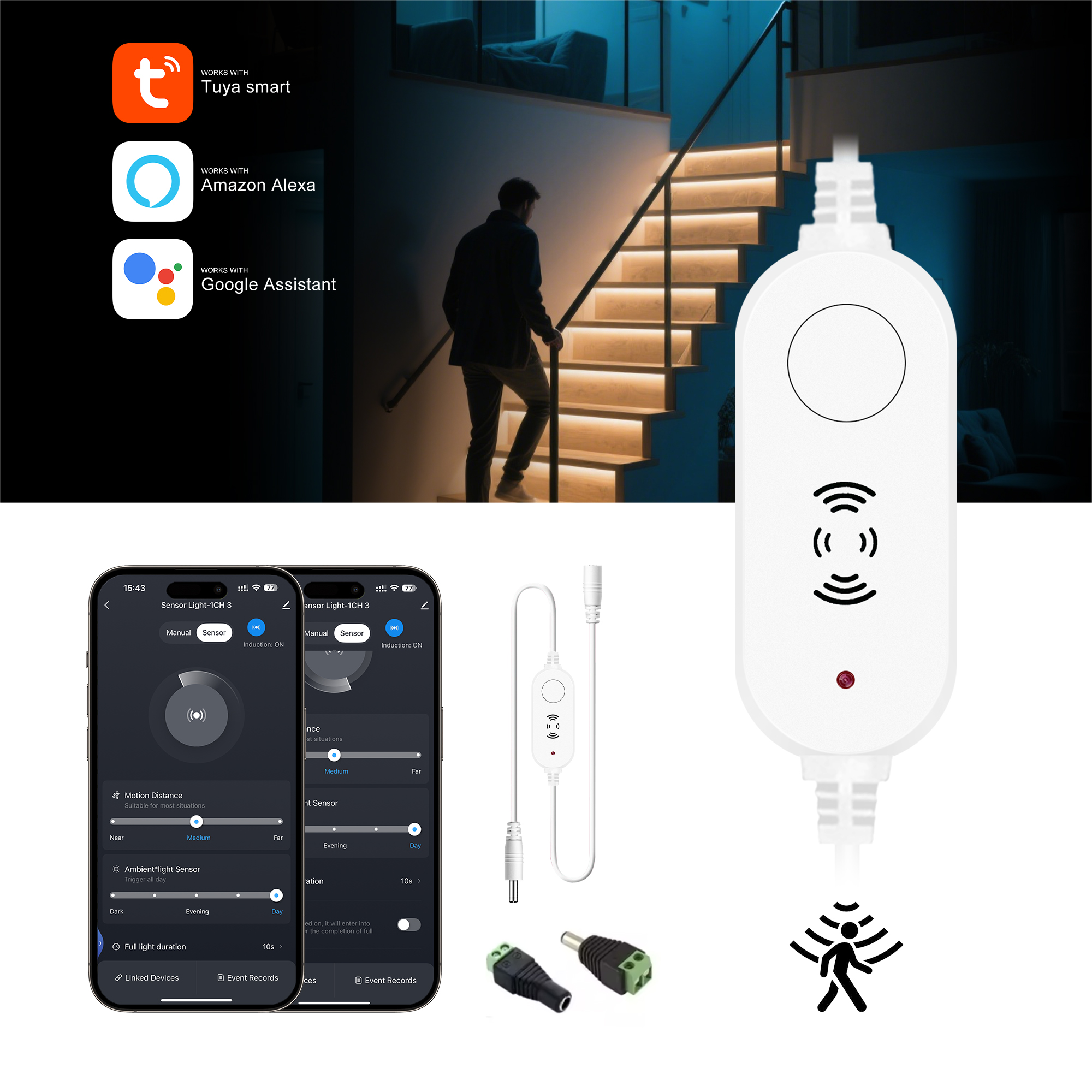 Tuya WiFi Motion Sensor Single color LED Controller DC12V 24V for COB 5050 2835 LED Strip stairs lighting APP, Alexa Home