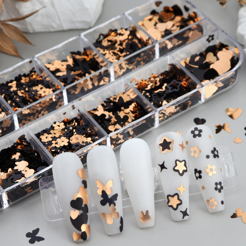 12Grid/Box Retro Black And Gold Nail Glitter，Butterfly Heart Star Rabbit Nail Glitter Decor For Halloween Party Music Festival