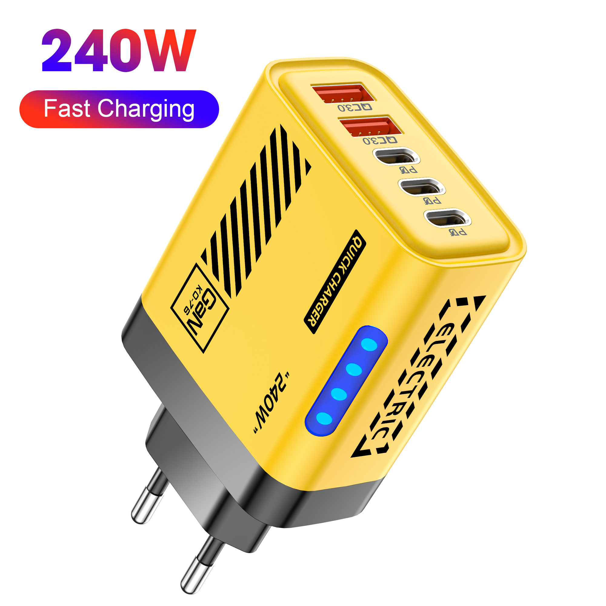240W QC3.0 USB Type C GaN Charger 5-Port Fast Charging Wall Power Adapter EU US Plug For iPhone 17 Smartphone