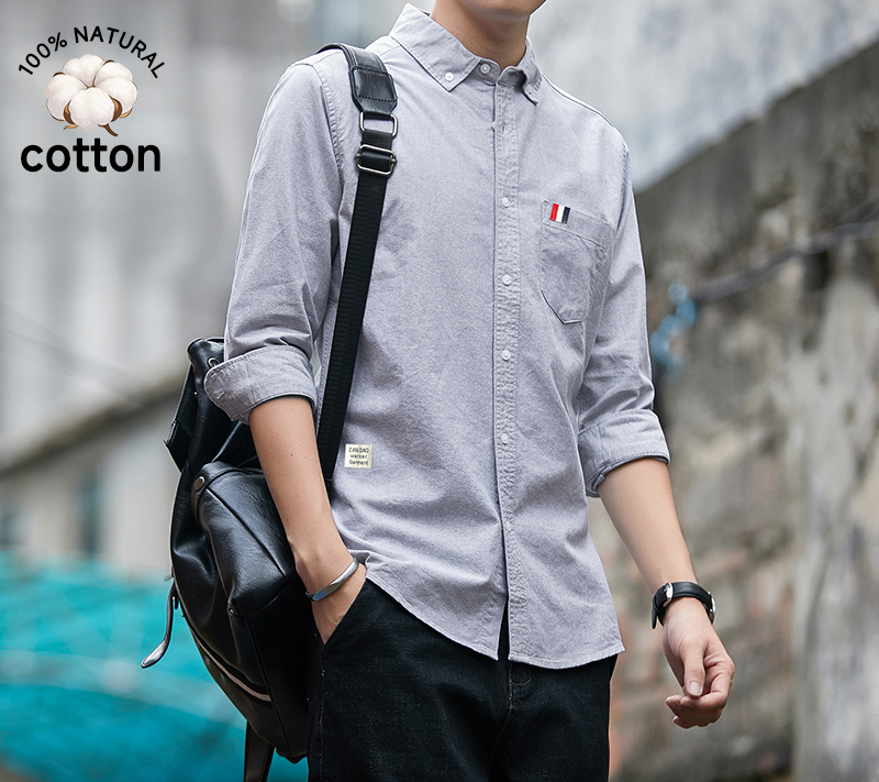 2026 New High Quality Oxford Cloth Spring Summer 100% Cotton Grey Men's Long Sleeved Shirt Pocket Lapel Shirts Korea Y2k Coat