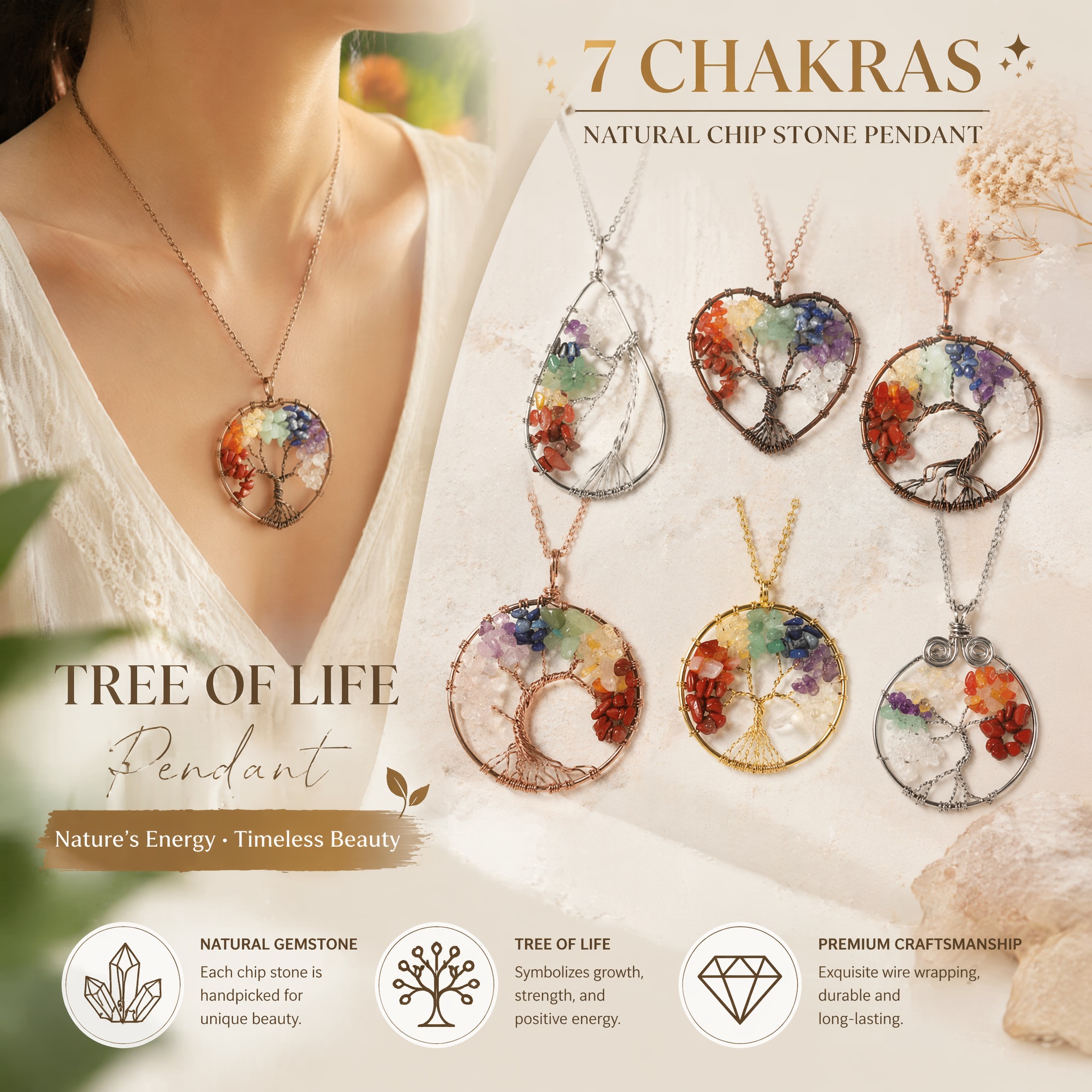 2026 New Bohemian Retro Hand-Wrapped Tree of Life Pendant Necklace Seven Chakra Colors Spiritual Energy for Women