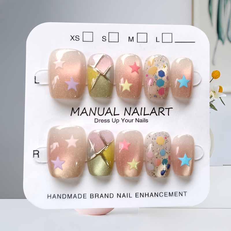 10Pcs Korean Style Colorful Pentagram Sweet Dopamine Polka Dots Cat Eye Press on Nails All-match Nail Art Patches Fake Nails