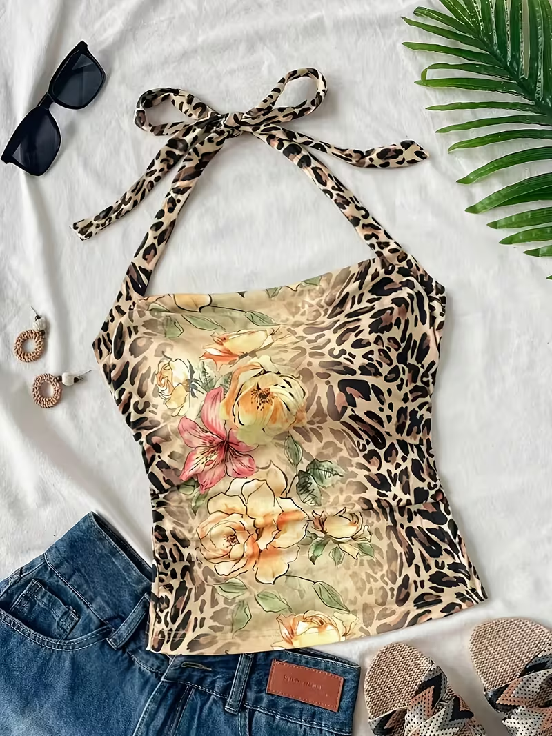 Cropped Top Women's Summer Vacation Women's Half Neck Leopard Print Colorful Flower Top