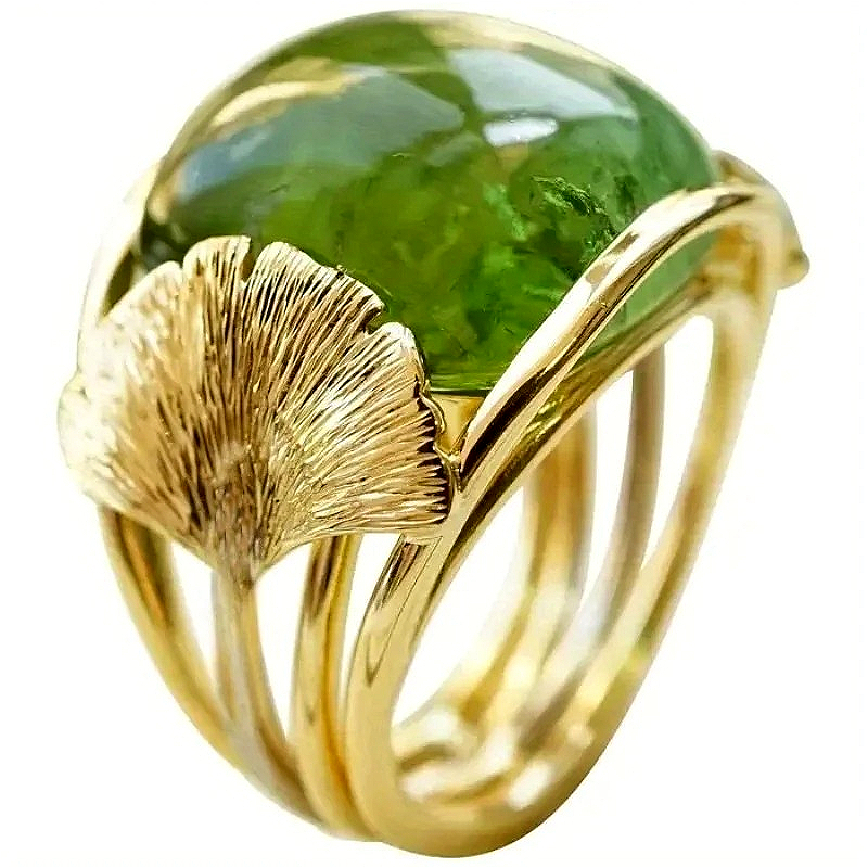 Elegant Exquisite Hand Carved Gingko Leaf Inlaid Synthetic Green Agate Ring Women's Vintage Banquet Festival Jewelry Accessories