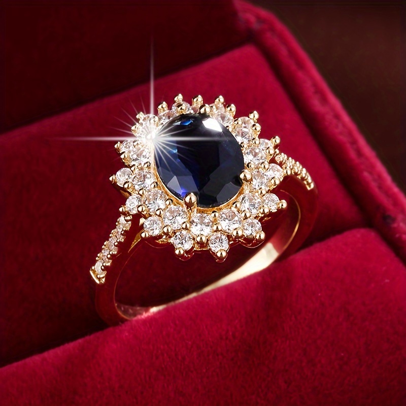 Luxury Female Crystal Blue Oval Cubic Zirconia Stone Engagement Ring Vintage Yellow Golden Color Wedding Jewelry for Women