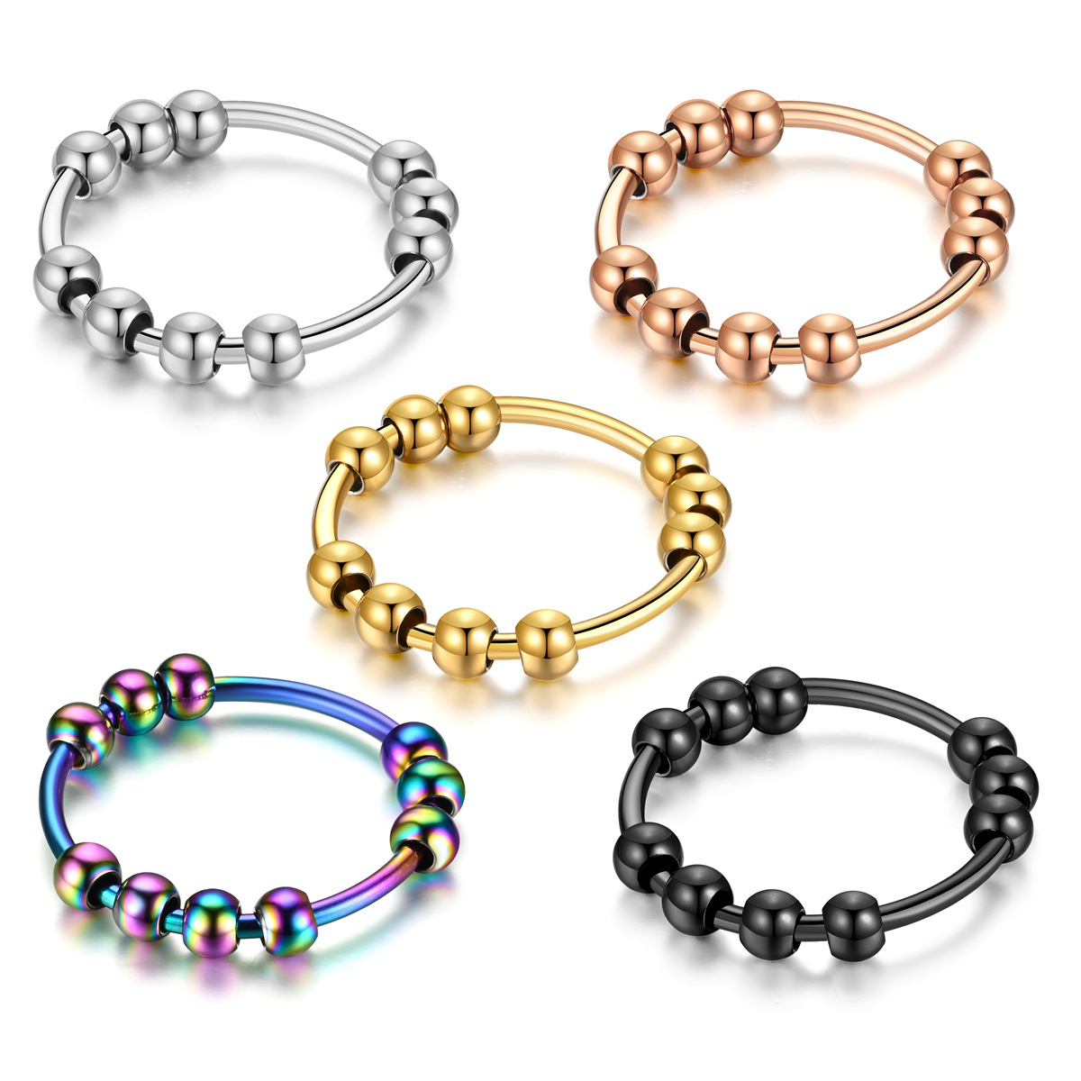 New Stainless Steel Beads Anxiety Rings Stress Relief Fidget Rings For Women Men INS Simple Style Fashion Jewelry Trend
