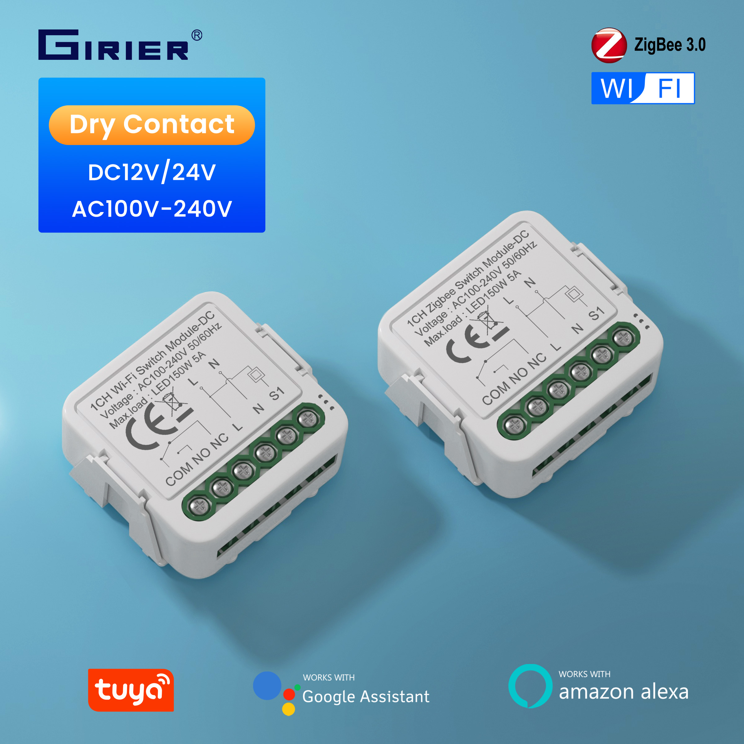 GIRIER Tuya WiFi Smart Switch Module ZigBee Dry Contact Module DC5V 12-48V AC100-240V Input DIY Relay Work with Alexa Hey