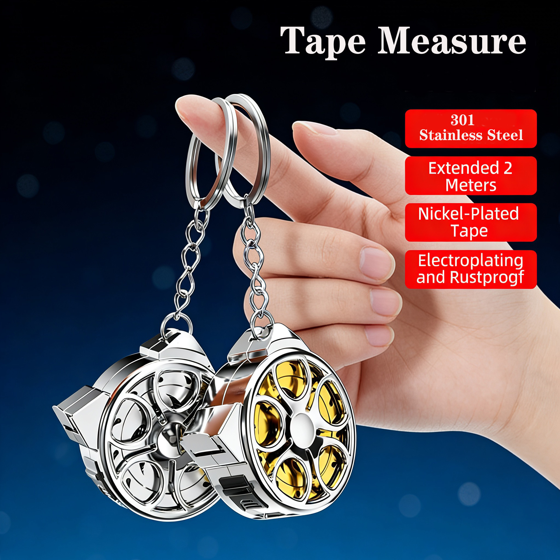 2M Mini Tape Measure Hollowed Out Electroplated 301Stainless Steel Ruler High-Precision Household Portable Keychain Tape Measure