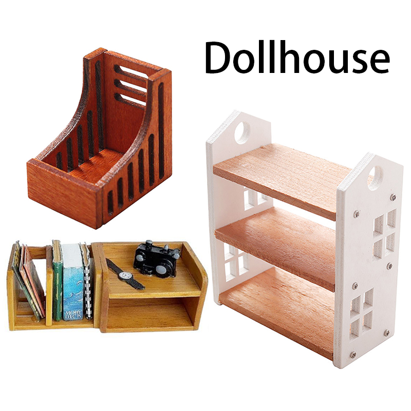 1/12 Dollhouse Mini Wood Newspaper Rack Camera Watch Storage Rack Doll House Study Room Furniture Decor Toy