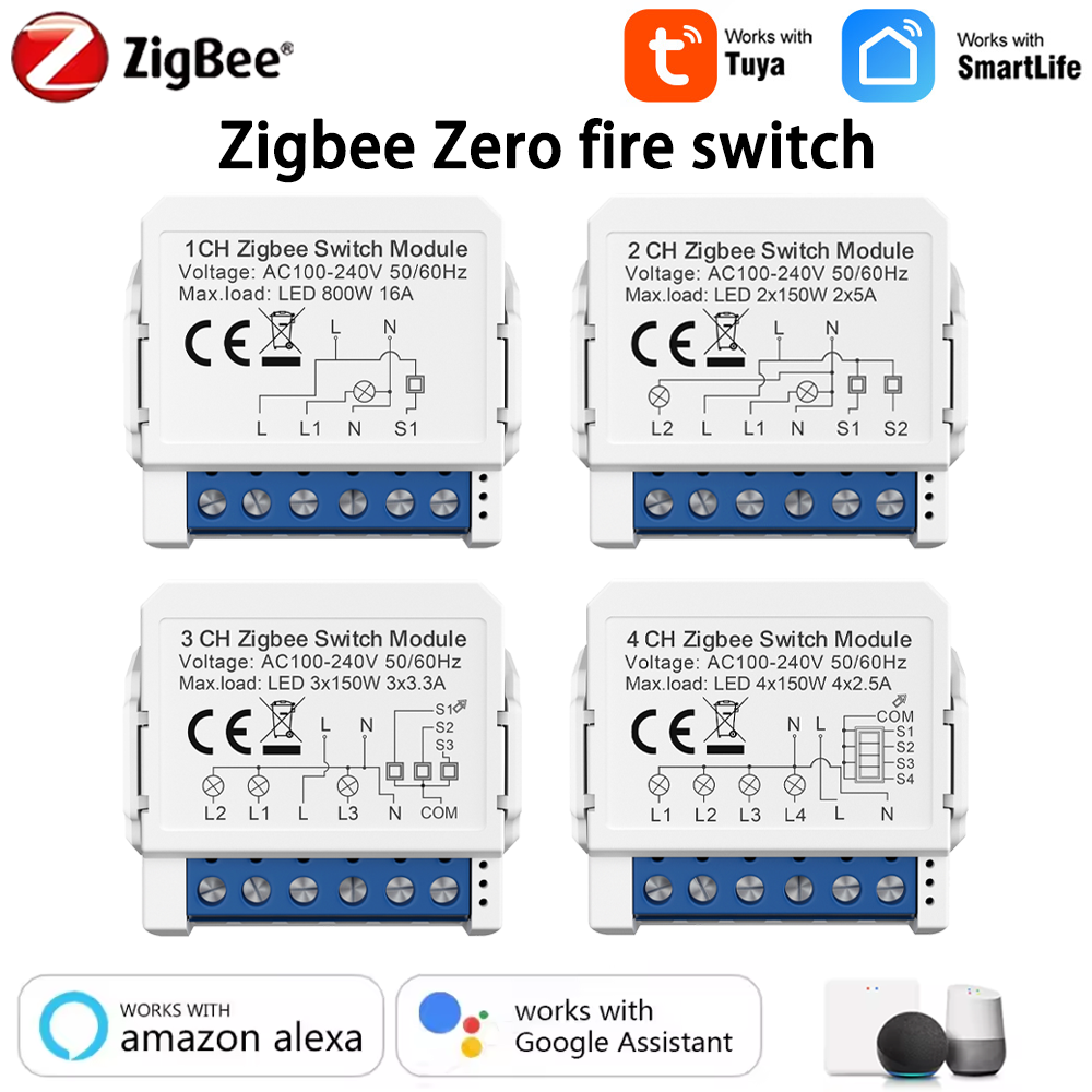 ZigBee Tuya 1/2/3/4 Gang Mini Smart Switch DIY Light Switches Module Zero Fire Circuit Breaker Work with Alexa Alice Home lightify