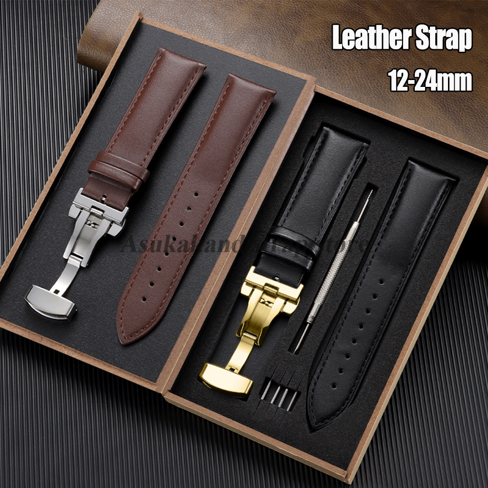 Universal Women Men 18mm 20mm 22mm 24mm Leather Watchband Soft Butterfly Buckle Bracelet 12/13/14/15/16/17/19/21/23mm Watchstrap