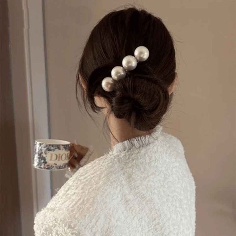 1pc Advanced style pearl hair clip with a new grip clip for the back of the head, a round hair clip, and a spring clip headband