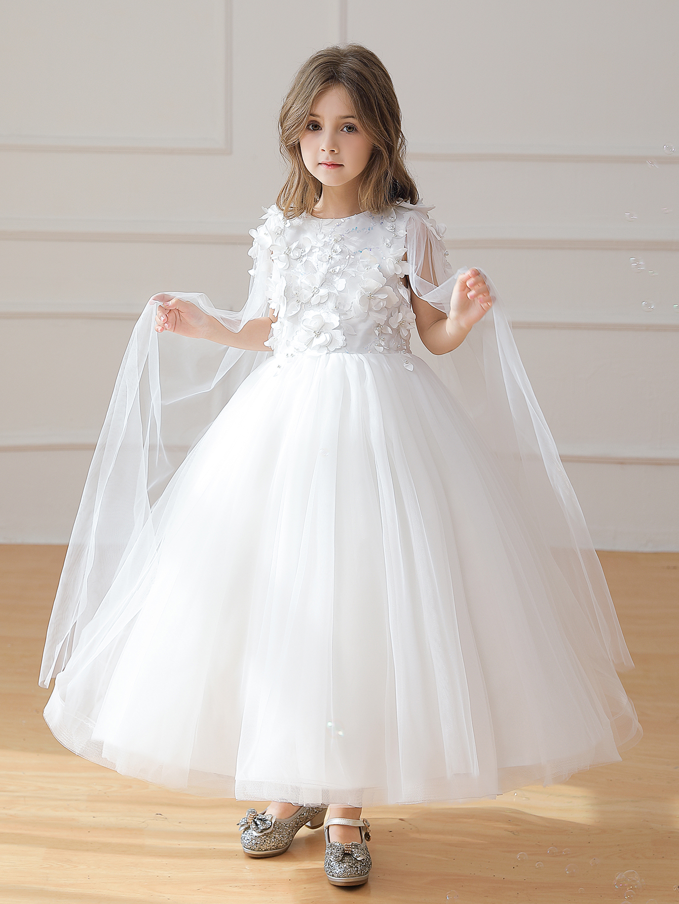 Long White Dress for Girls Draped Design Wedding Flower Child Dress Suitable for Birthday Parties Girl Costume