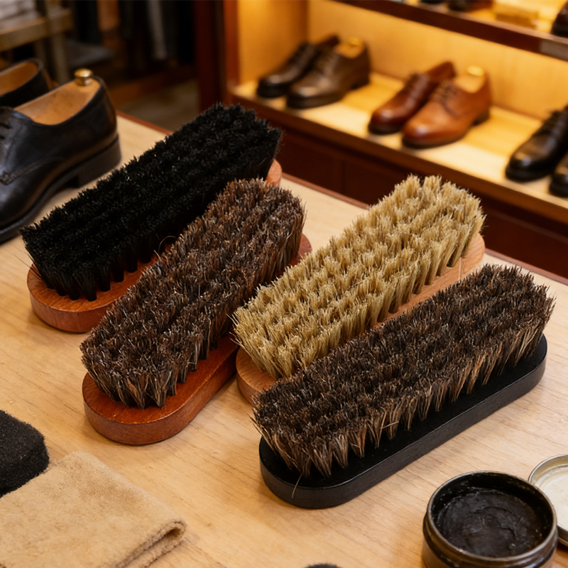 1PC Shoe Brush Horse Hair Bristles Wood Handle for Leather Shoe Cleaning and Polishing Gentle Care for Boots and Dress Shoes