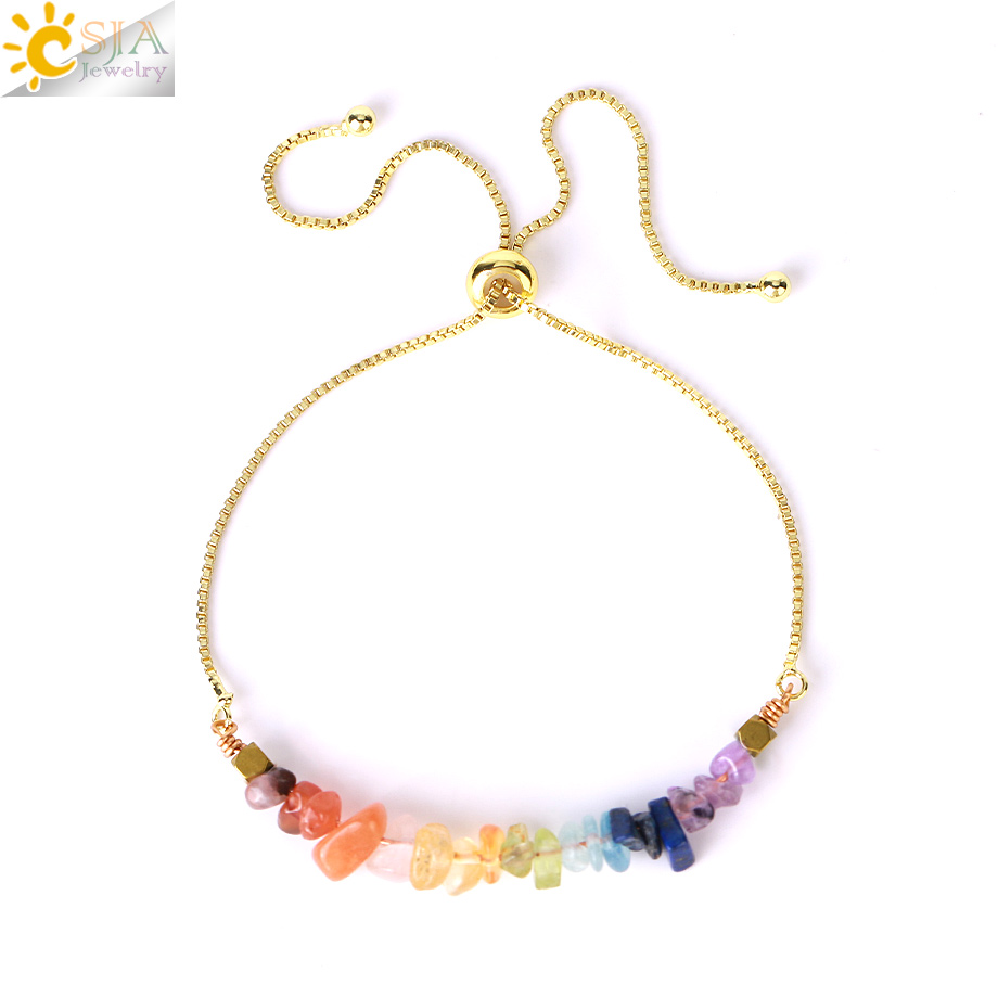 CSJA Natural Chip Stone Crystal Bracelet Healing Chakra Stainless Steel Bracelet for Women Amethysts Tiger Eye Pink Quartzs H005