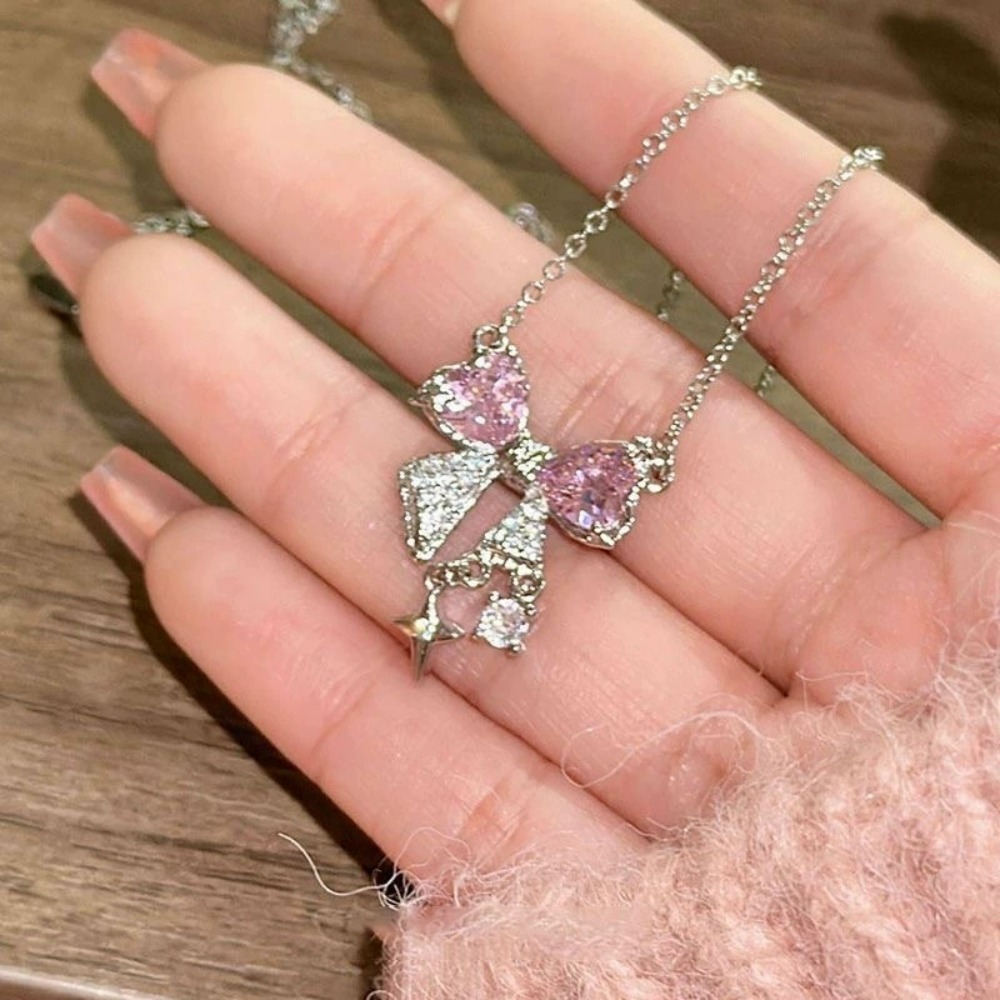 New Fairy Pink Crystal Bow Knot Pendant Necklaces Y2K Girls Sweet Rhinestone Heart Clavicle Chain Women Fashion Jewelry
