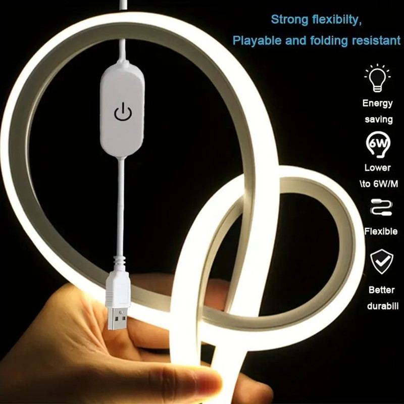 USB 5V LED Neon Strip Lights Waterproof Flexible Silicone Tape Push Button for Room TV Backlight Outdoor DIY Decor