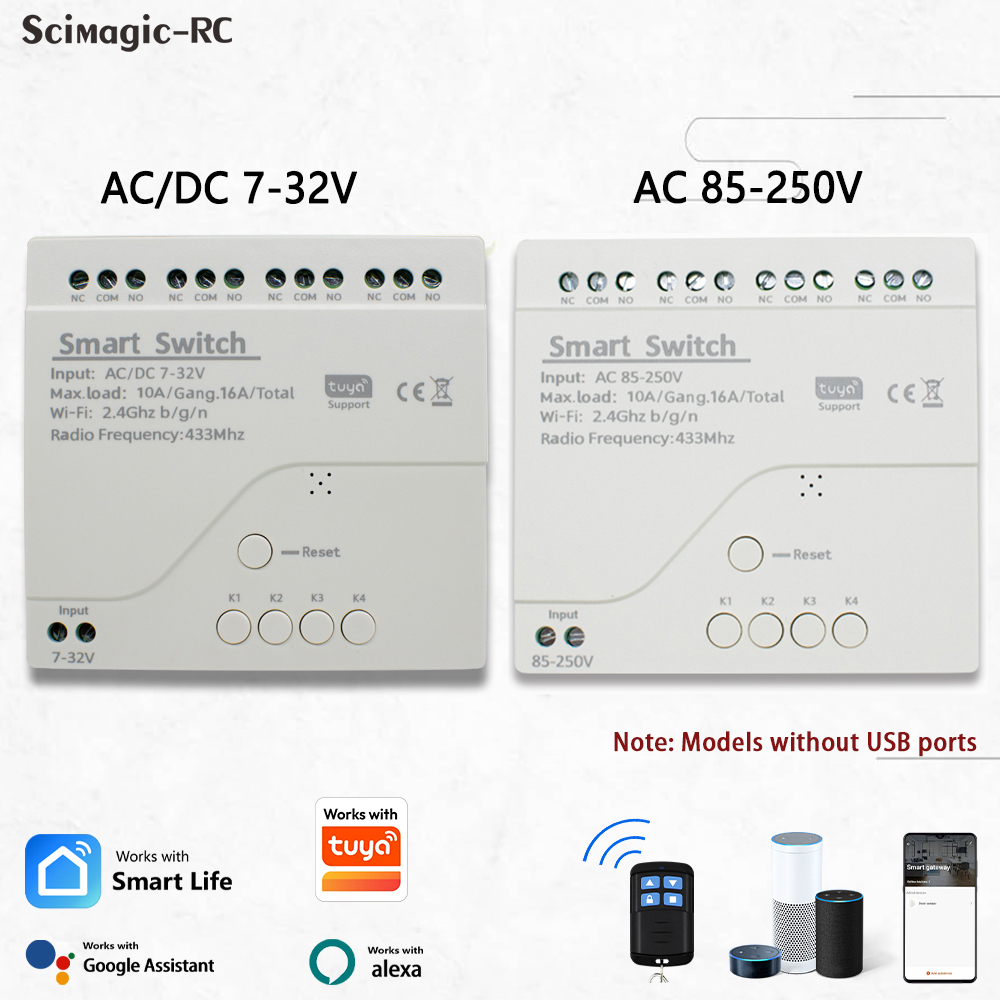 4CH Wifi Smart Wireless Relay Switch Module 4 Channel 7-32V 85-250V 110V 220V 10A 2200W RF433 4 Way Receiver Work With Tuya Alex
