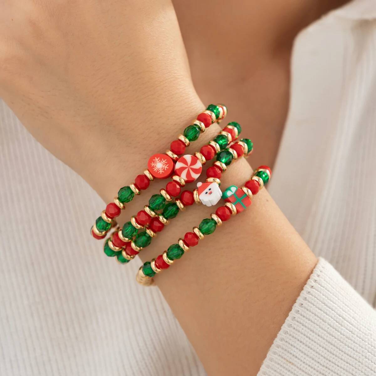 KunJoe 4Pcs/Set Red Green Crystal Bead Chain Bracelet Women Cute Snowflake Snowman Elasticity Charm Bracelets Jewelry