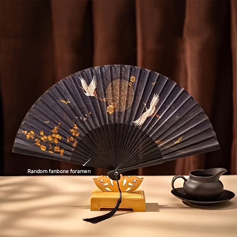 1PC Vintage Japanese Folding Fan Handmade Bamboo Silk Crane Design for Wedding Home Decor Dance Party Retro Aesthetic