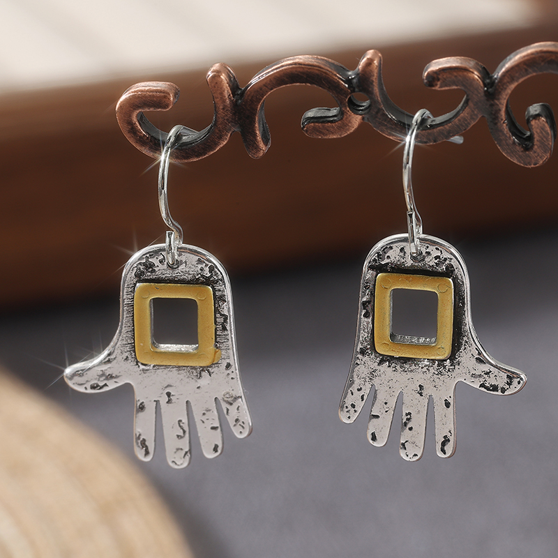 Bohemian Drop Earrings For Women Ethnic Retro Silver Color Hand Shape Dangle Earrings Two Tone Jewelry