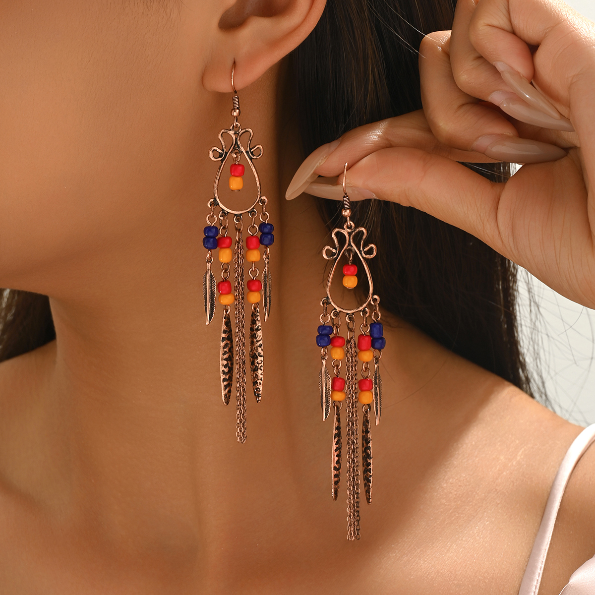 1 Pair of Bohemian Ethnic Style Teardrop-Shaped Earrings with Hollow Design, Colorful Seed Beads, Feather Tassels, Long Chain Earrings, Ethnic Tribal Earrings, Vintage and Elegant, Suitable for Women, Summer Travel, Parties, Balls, , Date , Birthday