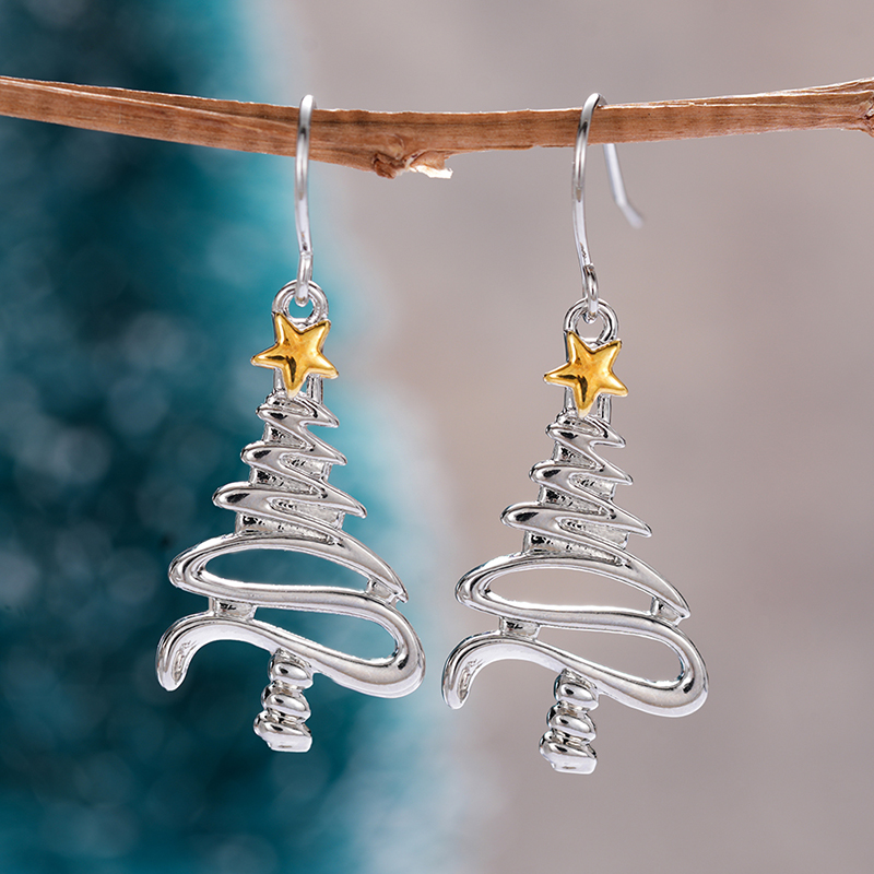 1pair Simple Stylish Christmas Tree Shaped Hanging Earrings for Women Metal Style Yellow Star Exquisite Female Party Jewelry