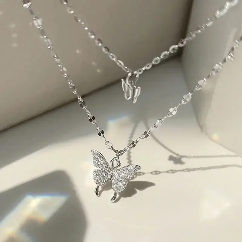 Double Layer Butterfly Necklace for Women, Lats Sparkling Collar Chain, Exquisite Jewelry, Banquet Party, Holiday Gift, 1