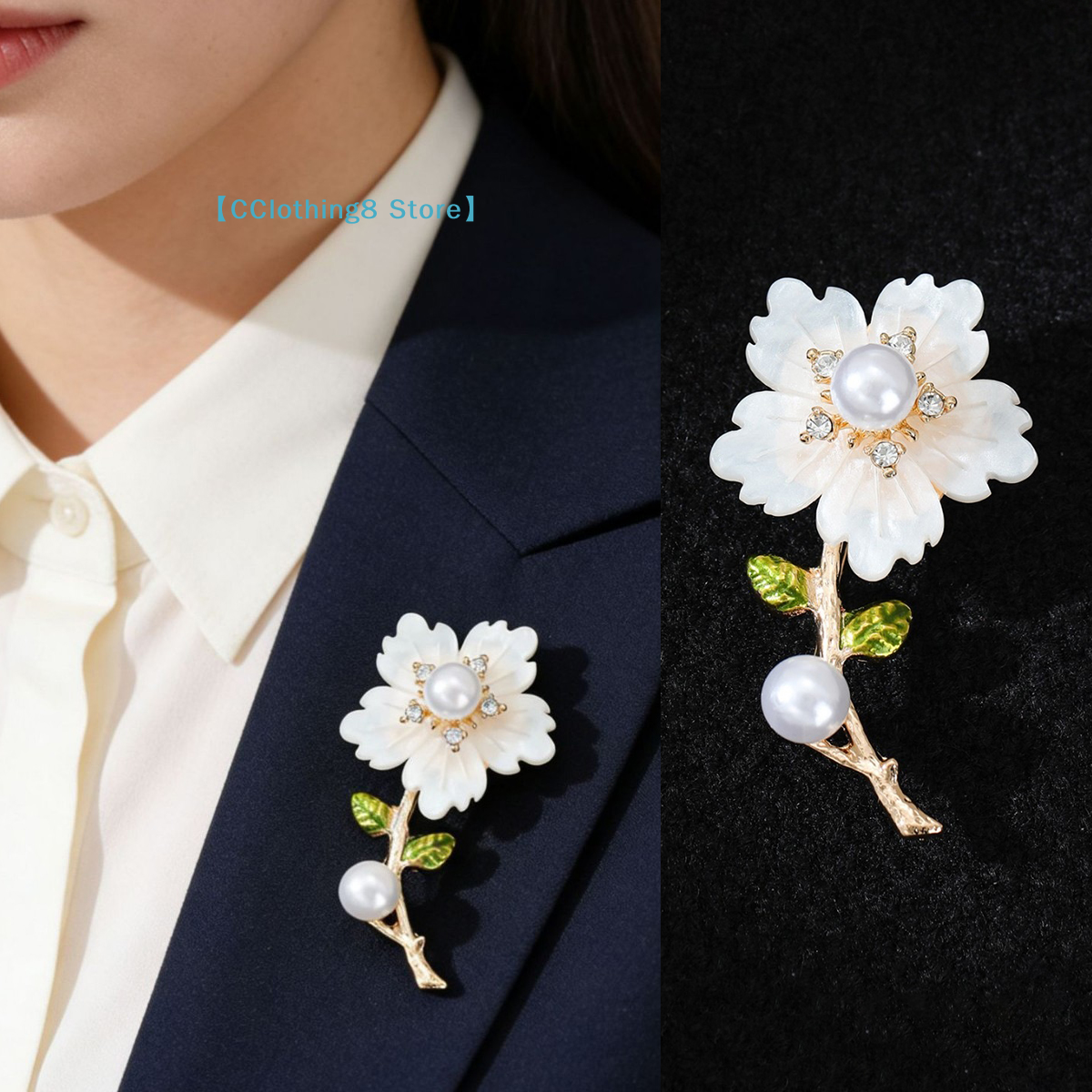 1Pcs Elegant Flower Pearl Brooch Gold Tone Shell Petal Lapel Pin For Women Suit Coat Dress Jewelry 【AliS8】
