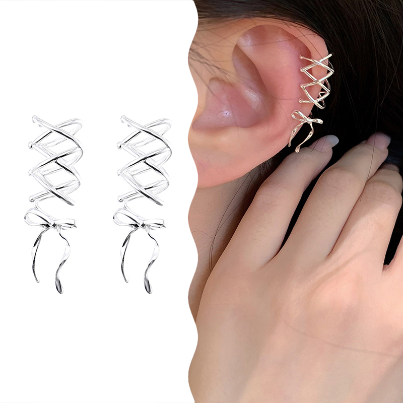 1Pair Fashion Exquisite Ribbon Bowknot Ear Clip Earrings For Women Girls Minimalist Without Piercing Ear Cuff Jewelry