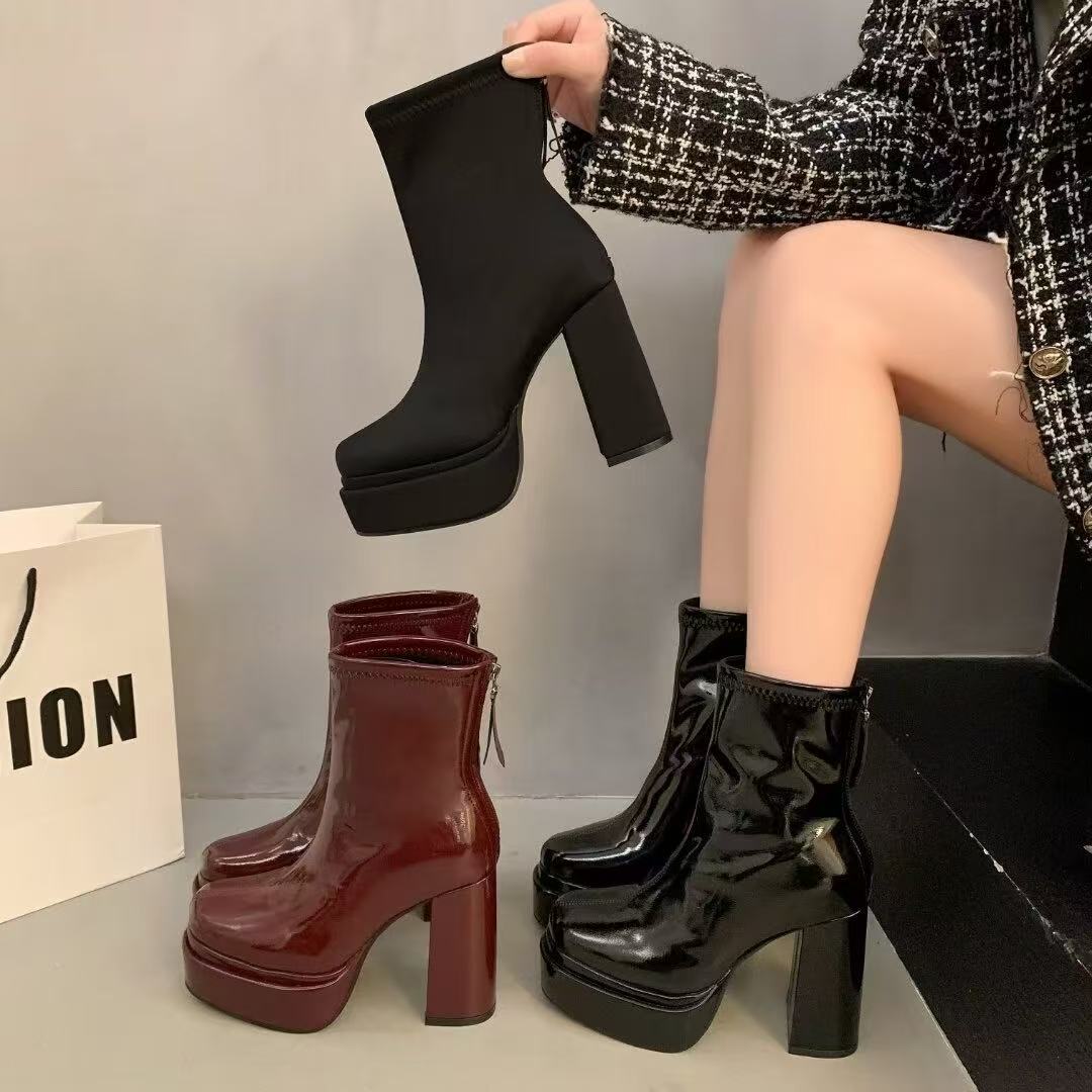 High Platform heel Calf Length Back Chain Shinny And Matte Leather Boots For Women 999-1