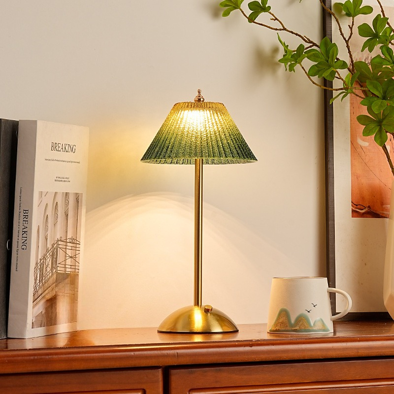 Retro Blue-Green Fan Shaped Desk Lamp Bedroom Bedside Night Light Ambience Lamp Iron Art Rechargeable Touch-Sensitive Table Lamp